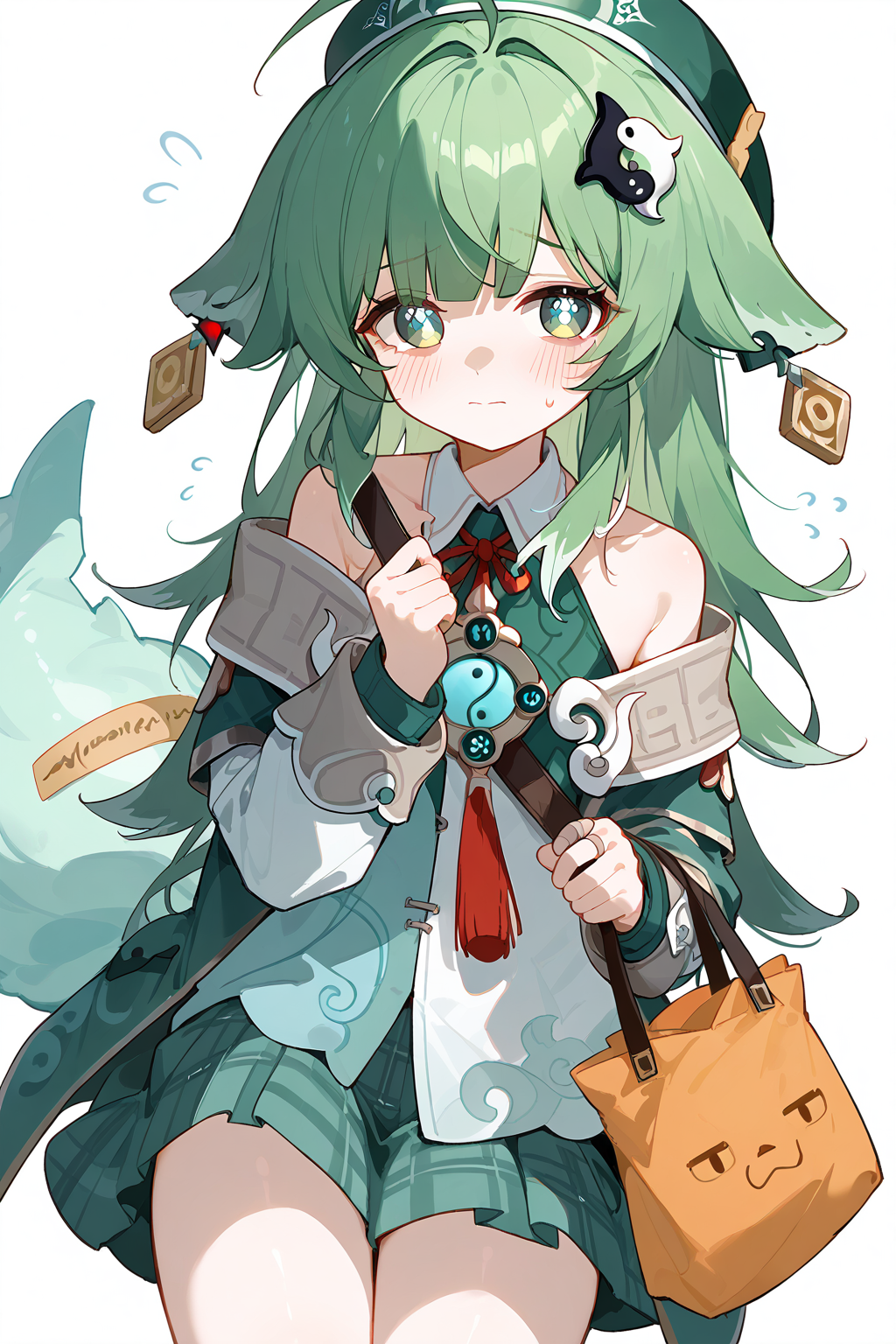 (score_9,score_8_up,score_7_up),<lora:HuoHuo(Honkai Star Rail)-v1-000008:1>,HuoHuo(Honkai: Star Rail),1girl,green headwear,green hair,armband,green eyes,holding bag,bag,shirt,hat,skirt,long hair,white shirt,white background,solo,blush,beret,holding,collared shirt,green skirt,ahoge,bangs,long sleeves,hair ornament,red ribbon,closed mouth,jacket,flying sweatdrops,neck ribbon,ribbon,necktie,green jacket,feet out of frame,signature,plaid skirt,plastic bag,school uniform,plaid,looking at viewer,pleated skirt,off shoulderanime,NSFW,expressive,amazing quality,ultra hd 32k,