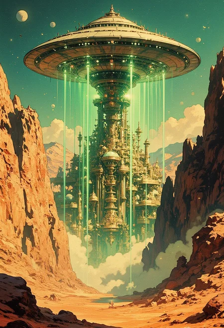 A colossal flying saucer hovers above a futuristic alien city built into rocky cliffs. Green beams of light descend from the spaceship, illuminating the intricate metallic structures below. The city is surrounded by a vast, Mars-like desert landscape, with a misty atmosphere and dramatic lighting. The scene is rich in retro sci-fi details, evoking the aesthetic of classic science fiction posters from the 1970s