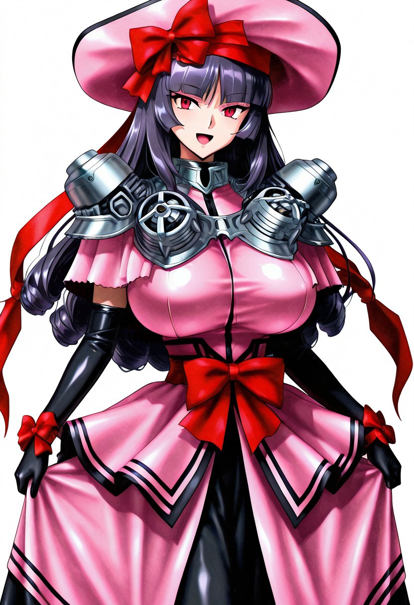 score_9,score_8_up,score_7_up,source_anime,5_figner,2d_animation,game cg,BREKE,1girl,solo,
zzSabrina, red eyes, long hair, blunt bangs, sabrina pokemon, purple hair, black hair, 
pink headwear,mob cap,hat,neck armor,capelet,
dress,pink dress,red ribbon,bow,armor,elbow gloves,pink skirt,red bow,black long skirt,pink long skirt,frill,ribbon around waist,
smile,cowboyshot,openmouth,
huge breasts,thick hips,thick thighs,thick waist,disproportionate breasts,
curves,glamour,
simple background,white background,
masterpiece,best qualit,ultra-detailed,illustration,an extremely delicate and beautiful,beautiful detailed eyes,unity 8k wallpaper,high resolution,anime CG,official_art,Erotic_style, anime_coloring, anime_screencap,