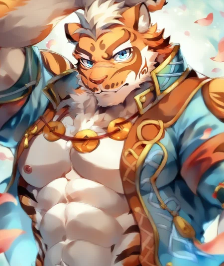 score_9,score_8_up,score_7_up,lin_hu,1boy,bara,furry male,furry,male focus,tiger boy,muscular,muscular male,abs,orange fur,pectorals,solo,tiger ears,bare pectorals,large pectorals,animal ears,tiger stripes,stomach,white fur,navel,blue eyes,short hair,looking at viewer,petals,upper body,nipples,open clothes,jewelry,fluffy,white hair,<lora:Linhu&Shuchi_PonyXL-000014:1>,