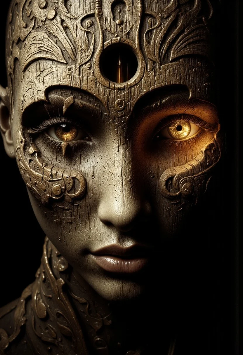 An ultra close-up portrait of a female Norse Viking seer, showing just over half of the face, framed asymmetrically from the left. The head is tilted slightly upward, creating an intimate, mystical perspective.
The head is a hollow, featureless piece of carved wood, shaped into a smooth, rounded form without facial features. Only the left half of the wooden head is visible, showing the rough texture of ancient, weathered wood with faint carved patterns of Nordic runes and knotwork.
In the center of the forehead, there is a prominent Odin's Eye-shaped cutout, its edges smooth and precise, symbolizing wisdom, sacrifice, and divine sight. The void is hollow and dark, but a dim golden light glows softly within, casting narrow rays through the Odin's Eye-shaped cutout. The light is subtle and mystical, giving the void a divine, otherworldly aura.
The wooden surface is worn and textured, reflecting the soft golden light faintly, resembling the ancient bark of Yggdrasil, the World Tree. The Odin's Eye-shaped void draws the viewer’s gaze into the empty darkness within, symbolizing sacred knowledge and cosmic vision.
The background is shadowy and minimal, fading into darkness, ensuring the focus remains on the wooden head and the dim golden light. The contrast between the ancient, divine symbol and the modern, surreal void creates a haunting narrative of spiritual power, sacrifice, and divine emptiness.