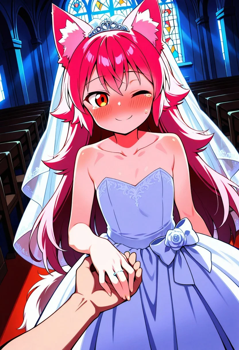 masterpiece, best quality, amazing quality,, Score 9, Score 8, Score 7, Score 6, Score 5, Score 4, 1 girl, Original anime, alone, Lanka Ookami, wolf girl, long hair, pink hair, wolf ears, ear fluff, fluffy wolf tail, wolf tail (orange eyes: 1.1),
wedding ring, marriage proposal, pov, pov hands, hand grab,, blush, wedding dress, white dress, veil, one eye closed, tears, church, smile, bare shoulders, collarbone, flat chest,, dutch angle, looking at viewer, cowboy shot,