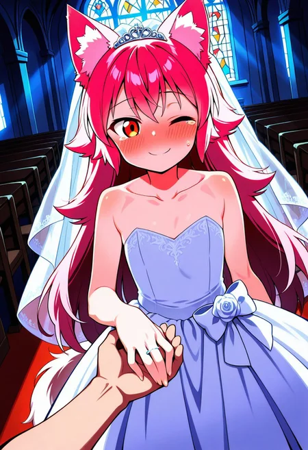 masterpiece, best quality, amazing quality,, Score 9, Score 8, Score 7, Score 6, Score 5, Score 4, 1 girl, Original anime, alone, Lanka Ookami, wolf girl, long hair, pink hair, wolf ears, ear fluff, fluffy wolf tail, wolf tail (orange eyes: 1.1),
wedding ring, marriage proposal, pov, pov hands, hand grab,, blush, wedding dress, white dress, veil, one eye closed, tears, church, smile, bare shoulders, collarbone, flat chest,, dutch angle, looking at viewer, cowboy shot,