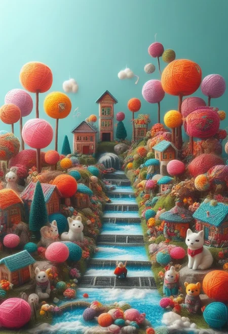 a cute detailed miniature yarn village, yrnwrld, ng_deepnegative_v1_75t, Inari shr1n3