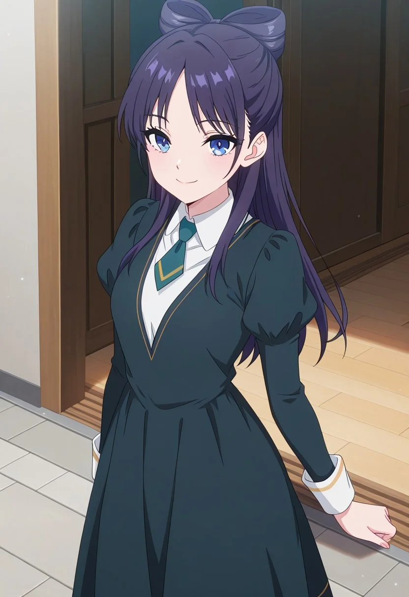 (absurdres, best quality, masterpiece:1.4), amazing quality, highres, newest, detailed, detailed body, detailed face, source anime, anime coloring, beautiful, 
BREAK
WWNemu, 1girl, solo, standing, smile, NemuAniHu, dark purple hair, bow-shaped hair, parted bangs, half updo, blue eyes,  v-neck dress, white inner collared shirt, Short necktie, juliet sleeves, long skirt