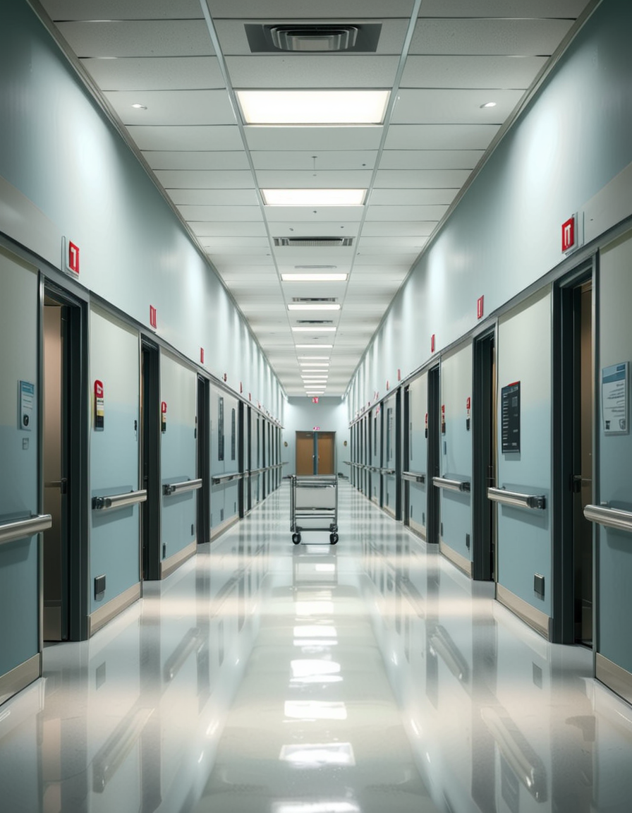 A long, sterile hospital corridor with bright white walls and a polished, reflective floor. The fluorescent ceiling lights cast a cold, clinical glow, emphasizing the cleanliness of the space. The hallway is lined with closed patient rooms, each marked with a small number plate. Stainless steel handrails run along the walls, and a few medical carts are neatly parked near the side. The corridor appears empty, creating a sense of stillness and anticipation. At the far end, a set of double doors with small glass windows leads to another section of the hospital. The atmosphere is quiet, professional, and highly sanitized, evoking a sense of order and precision.
<lora:SDXLFaeTastic2400:0.4> <lora:extremely_detailed:0.4> extremely detailed, <lora:sterile_hospital_c0rr1d0r:1>,sterile hospital c0rr1d0r, Masterpiece,best quality,hi res,8k,hi res,8k,award winning,(sharp focus, intricate, highly detailed),