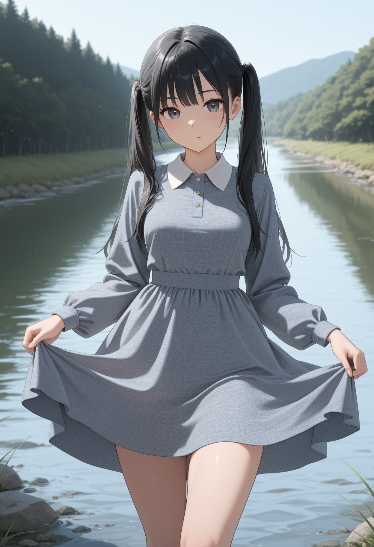 masterpiece, best quality, high quality,
1girl, black hair, long hair, twintails, 
patterned dress, collared dress, outdoors, 
skirt hold, thighs,river,
<lora:marl_texture_v0.4-illu10:1>