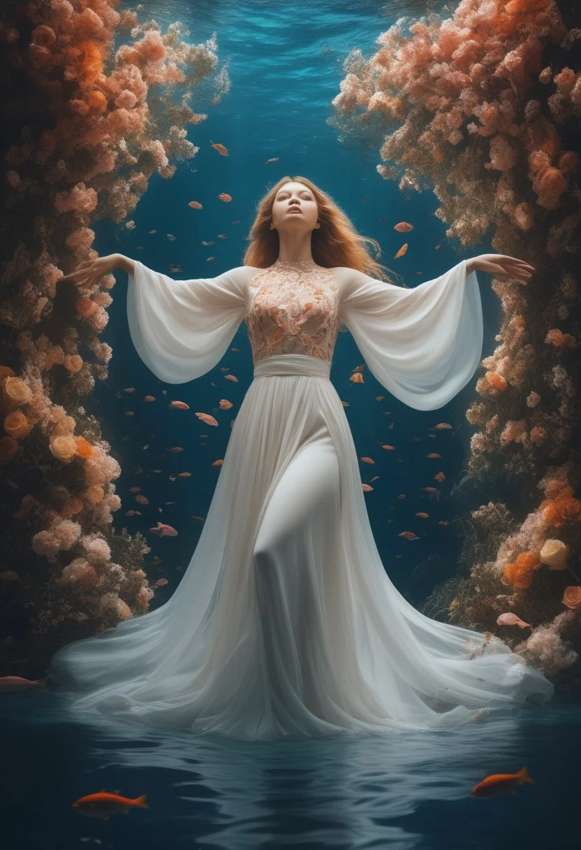 The image is an underwater scene with a woman floating in the center. She is wearing a long, flowing white dress with pink and orange flowers cascading down her body. The dress is made up of multiple layers of fabric, creating a beautiful and intricate design. The woman's hair is flowing in the wind and she is reaching up towards the sky with her arms stretched out to the sides. The background is filled with a variety of colorful flowers and plants, including roses, daisies, and lilies. The water is a deep blue and there are small fish swimming around the woman. The overall mood of the image is dreamlike and ethereal.