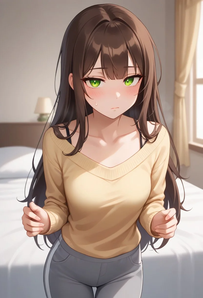 score_9, score_8_up, score_7_up, masterpiece, best quality, ((brunette hair, brown hair)), thick hair, long hair messy hair, straight bangs, eyeliner, makeup, small breasts, long breasts, ((solo:1.2)) ((slim, petite, thin)), blush, egirlthot, standing, 18 year old, ((young, youthful, very kawaii, innocent expression, innocent girl:1.2)), blush, ((face focus)), ((pale skin)), averted eyes, (shy, timid, embarrassed, surprised)), green eyes eyes,bedroom, ((yellow sweater)), gray sweatpants blushing, coy, ((feverish, sick, ill, tired, exhausted, lips parted:1)), sweat, half-closed eyes, steaming body, ((collarbone))