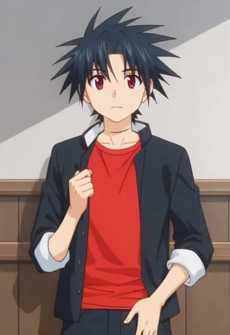 ((masterpiece)), ((best quality)), ((ultra-detailed)), ((absurdres)), score_9_up, score_8_up, score_7_up,
HD, top quality, best quality, amazing quality, High-quality illustrations, anime screencap, source_anime, best aesthetic, perfect proportions, perfect eyes, 1boy, 1male, solo boy, solo male, male focus, solo male focus, Anime, boy, male anime character, anime boy, handsome, attractive, cute, charming, sexy, hot, ((short, shirt body, short height)), ((slim body, slender body, thin body)), ((front view, front view, front shot, facing front, looking at viewer)), ((cowboy shot, head to hips shot)), Touta Konoe, black hair, spiky hair, red eyes, black coat, red shirt, rolled sleeves, black pants, updn, easynegative, neghands, Expressiveh, ((school cafeteria background))