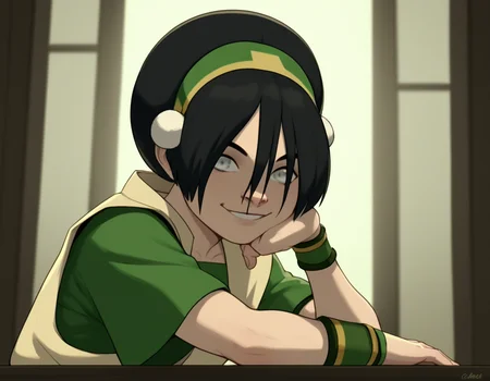 score_9, score_8_up, score_7_up, source_anime, <lora:toph-beifong-book2book3-ponyxl-lora-nochekaiser:1>, toph beifong, black hair, hairband, blind, grey eyes, hair between eyes, short hair,, shirt, green shirt, vest, belt, short sleeves,, indoors, smile, looking at viewer, solo, sitting, head rest,, cowboy shot, dutch angle