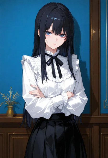 score_9, score_8_up, score_7_up, score_6_up, source_anime, 1girl, flat breasts, white ruffle shirt, black long skirt, black ribbon, long hair, black hair, straight hair, dark blue eyes, crossed arms, looking at viewer, front view, room background,