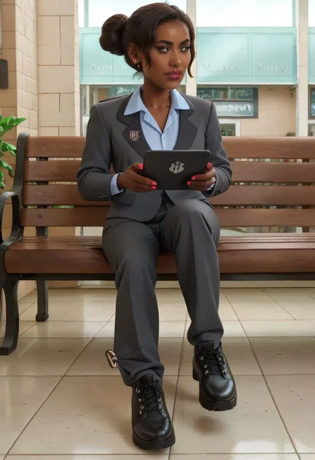 realistic, porn, BREAK, <lora:Principle_Murphy_Amphibia-000002:1> principle murphy, , brown hair, brown skin, tuxedo, mall, bench, sitting, holding laptop, zPDXL2, zPDXLxxx, zPDXLrl, <lora:Pony_QualityV4.0:1.12>