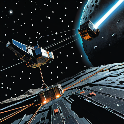 In the mining operation within Odysset's rings, massive platforms and interconnected structures sprawl across the cosmic expanse. Bright floodlights cut through the darkness, revealing workers clad in rugged space suits maneuvering among towering cranes and robotic arms. Transport vessels dart back and forth against the backdrop of the star-studded void, ferrying payloads of ore to processing facilities stationed on nearby asteroids. The scene is a symphony of activity amidst the celestial silence, with the distant glow of the planet Odysset providing a serene backdrop to the bustling industrial operation., BREAK, (sci-fi, futuristic, space, asteroid:1.3), BREAK, <lora:detailed_notrigger:1>,   <lora:Expanse_Science_Fiction_Comic_Style_SDXL:1> expnscom