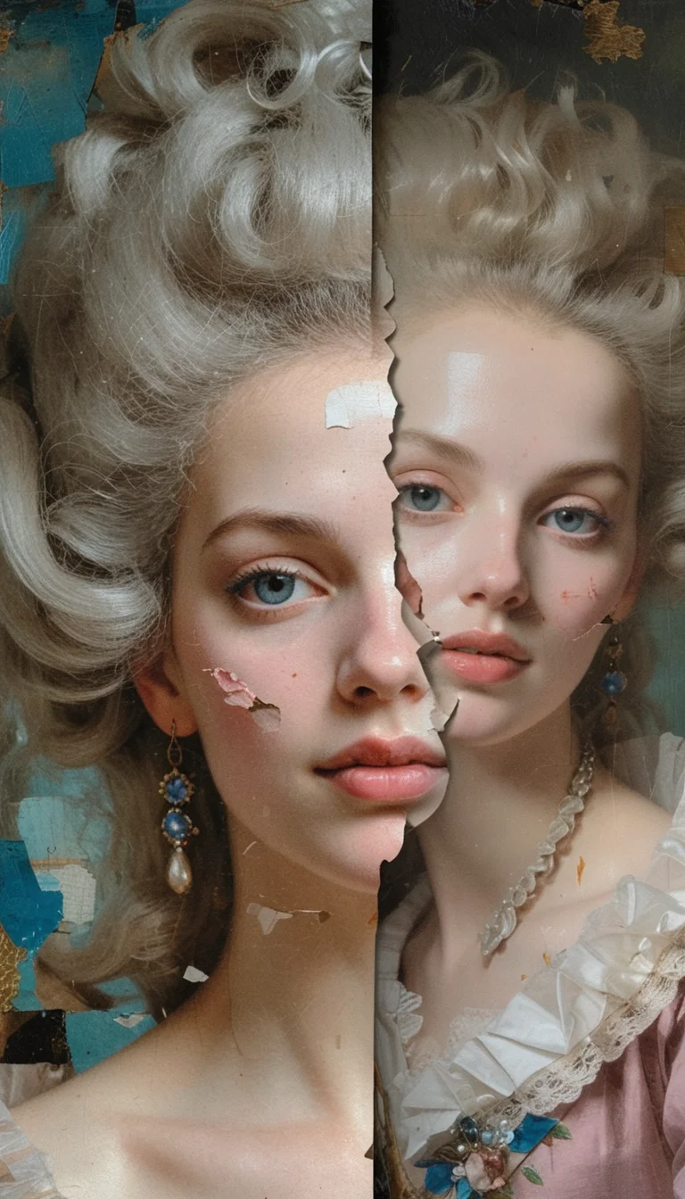 A photo of the iconic Maria Antoinette paintings, with half her face artistically torn away to reveal an original oil painting underneath. The other side is a modern digital illustration of a very beautiful woman's face. In between them lies a split composition