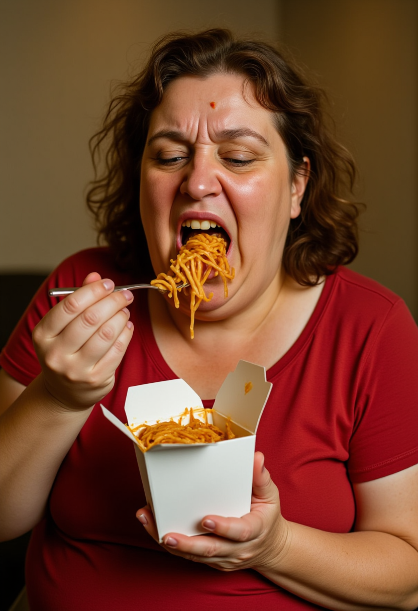 a woman eating spaghetti from a box with a fork. She is holding the box in one hand and the fork in the other, and her mouth is open as she takes a bite of the noodles.