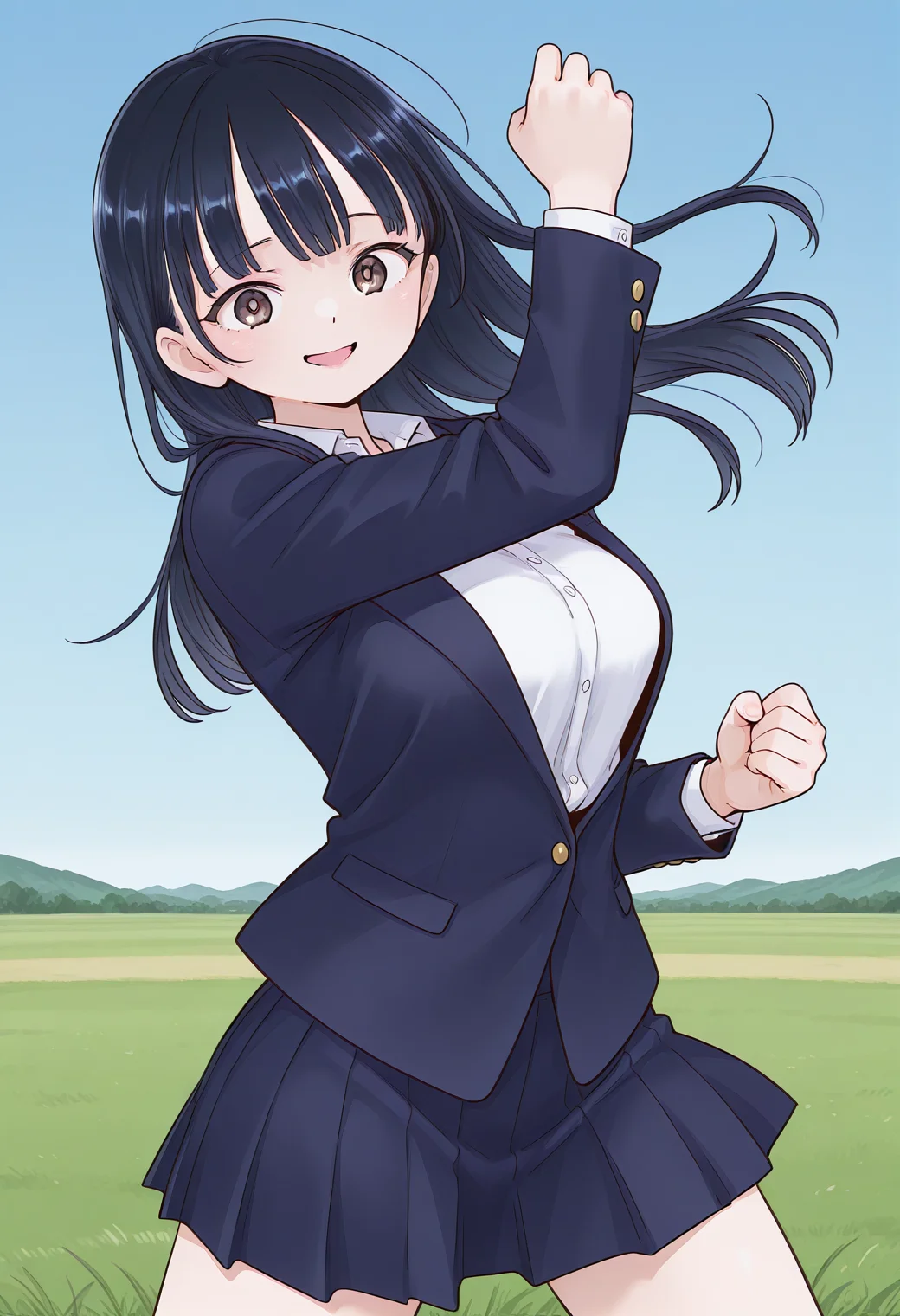 yamada_anna, brown eyes, black hair, long hair, school uniform, blazer, jacket, white shirt, collared shirt, pleated skirt, blue skirt, <lora:yamada_anna_illustrious_ver1:0.8>
smile, open mouth, cowboy shot,, masterpiece, best quality, sensitive,, 1girl, solo, blue sky, (grasslands:1.2), looking at viewer,, (dynamic pose:1.4), (upside-down:-1),