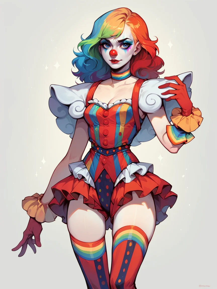 score_9, score_8_up, score_7_up, score_6_up, 1girl, <lora:c1rcus2XLP:0.6> c1rcus, clown, multicolored hair, thighhighs, gloves, makeup, striped