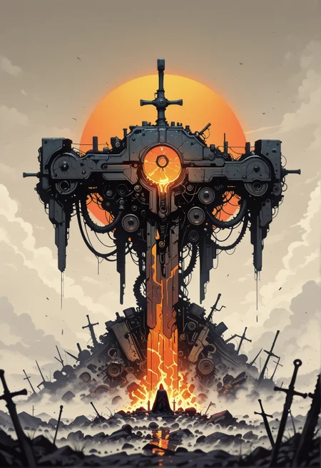 <lora:ck-shadow-circuit-IL:0.78>,
masterpiece, best quality, good quality, very aesthetic, absurdres, newest, 8K, depth of field, focused subject,
A vast, ancient battlefield littered with the remnants of war. Corpses of nephalem from different ages are strewn across the field, In the distance, a lone necromancer stands at a stone altar, calling the dead to rise. The air is thick with fog, and ravens circle overhead. You could add ancient, broken siege engines and a fading sun that casts a crimson glow over the dead
<lora:MoriiMee_Gothic_Niji_Style_Illustrious_r1:0.45>
<lora:ck-nc-cyberpunk-IL-000011:0.4>
<lora:ck-neon-retrowave-IL:0.8>