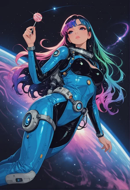 masterpiece, best quality, good quality, very aesthetic, absurdres, newest, 8K, depth of field, focused subject, 1girl, sci-fi, floating, space, lollipop in hand, sexy space suit, stars, touching nebula, galaxy, swirl, neon hair, long hair, dynamic angle, floating, flying, hyper space,
,in the style of cksc,
<lora:ck-shadow-circuit-IL:1>