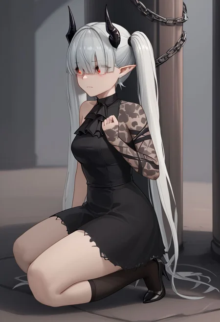 1girl, solo, nikkecrouching, full body, [kneeling/squatting/one knee], chained_sarkaz_girl, black dress, single leg pantyhose, asymmetrical clothes, patterned clothes, single sleeve, black sock, kneehigh, black footwear, high heels, black ascot, hair over eyes, eyes visible through hair, demon horns, blunt bangs, red eyes, pointy ears, pale skin, white hair, grey hair, twintails