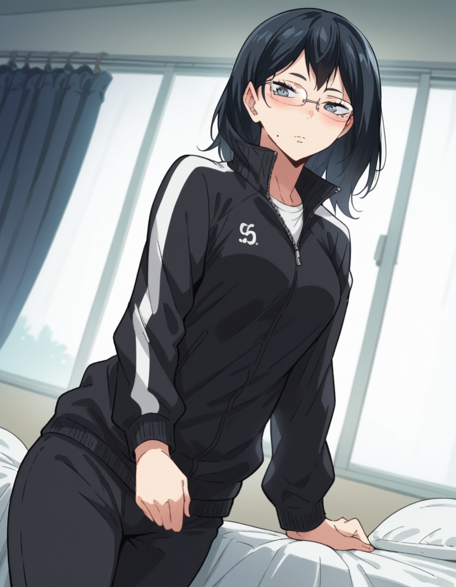 score_9, score_8_up, score_7_up, source_anime, <lora:kiyoko-shimizu-s2-ponyxl-lora-nochekaiser:1> kiyoko shimizu, medium hair, black hair, glasses, mole, black eyes, mole under mouth, medium breasts,, jacket, pants, track jacket, track suit, black jacket, black pants,, indoors, bed, bed room, on side, blush, drunk, looking at viewer, solo,, cowboy shot, dutch angle
