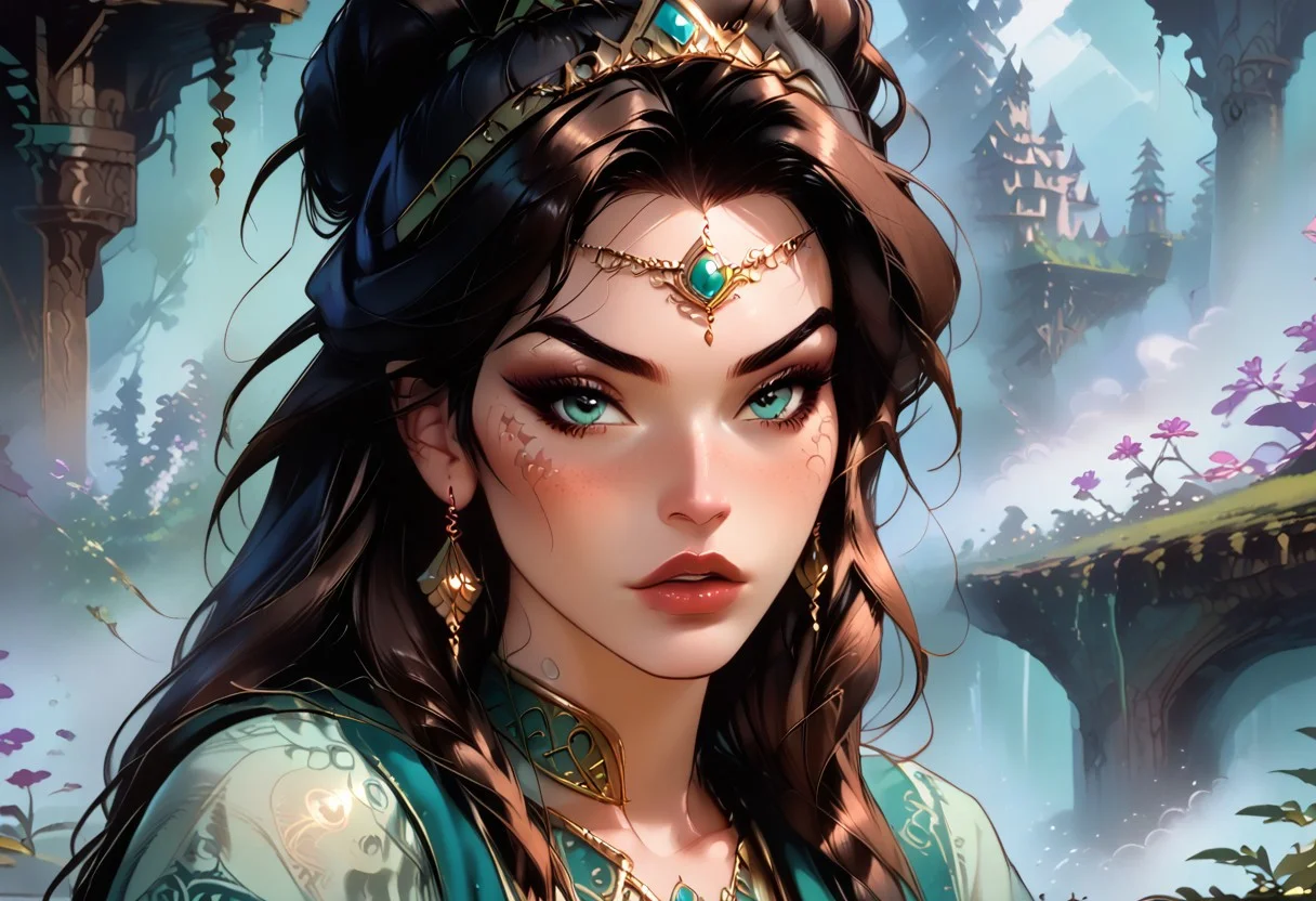 In an ethereal forest setting, a gleaming otherworldly troll gazes wistfully into the distance. This fine art photograph captures the troll's unique beauty in stunning detail. Its skin shimmers with iridescent hues of gold and emerald, its hair woven with delicate flowers. The intricate tattoos adorning its body tell stories of ancient wisdom and mystery. The soft, dreamlike lighting creates a sense of enchantment, drawing viewers into a world of magic and wonder.