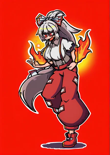 <lora:Commander_lv_c:1.2>,1girl, fujiwara no mokou, huge breasts, baggy pants, bow, collared shirt, fiery hair, fire, hair bow, hair ribbon, long hair, ofuda, pants, ponytail, red eyes, red footwear, red pants, ribbon, shirt, shoes, short sleeves, solo, suspenders, torn clothes, very long hair, white bow, white hair, white shirt,
very awa, masterpiece, best quality, highres, absurdes,amazing quality