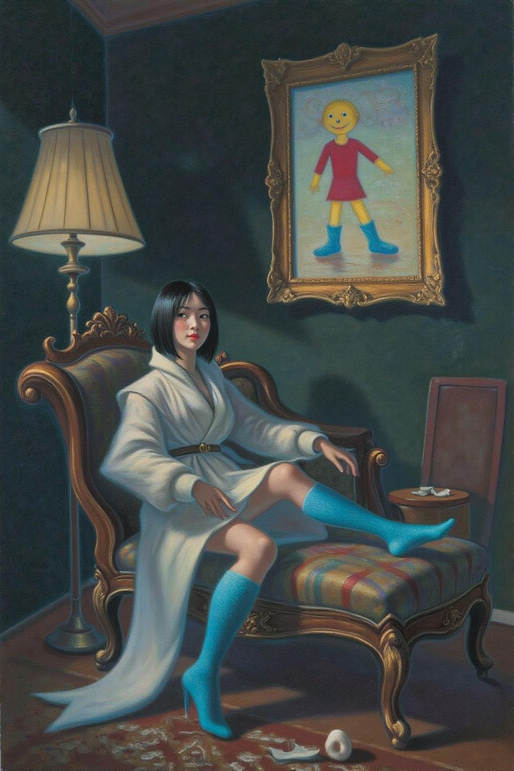 magr1 illustration.
This is a high-resolution classical painting featuring a woman seated on an antique, dark wooden chaise longue. The woman is of East Asian descent with a fair complexion and black, straight hair styled in a sleek bob. She is dressed in an avant-garde, white, oversized coat with voluminous sleeves that are tied in a dramatic, asymmetrical knot. Her outfit is complemented by bright, vivid blue, knee-high socks that contrast starkly with the white of her coat. She is seated with her legs crossed, and her posture is relaxed yet poised.
The background is a deep, dark black, creating a dramatic contrast with the woman's outfit and the light source. To her left, there is a tall, ornate lamp with a beige, pleated shade, casting a soft, warm light that highlights her features. Above her, on the dark wall, hangs a classical painting--except, instead of a traditional scene, it is a crayon drawing, done by a child. The crayon drawing features a simple stick figure with a round head, straight lines for arms and legs, and a big smile. The drawing is childishly colorful, with bright red for the body, yellow for the hair, and blue for the shoes. The figure's eyes are represented by two large dots and the smile by a curved line. This childlike, innocent drawing contrasts sharply with the sophisticated elegance of the woman, adding a whimsical touch to the otherwise classic setting.
 <lora:magr1_cap_d6a3e12:1.0><lora:828064863113927959:0>