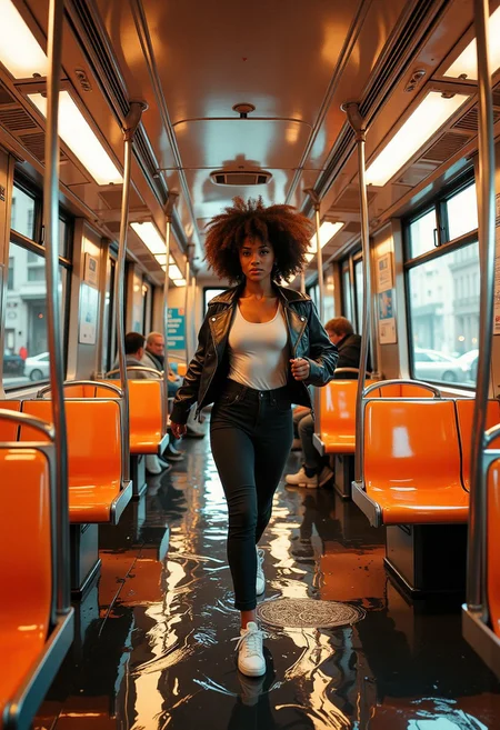 a contemporary image of the interior of a surface transport bus, captured in a warm, golden hue that gives the scene a nostalgic and slightly vintage feel. front view of a slim adult black woman, Afro Hairdo, Black leather jacket white tank top t-shirt and jeans, running fast across low water towards the camera, She is running very fast in low water towards the viewer. The bus features a sleek, modern design with polished stainless steel walls and ceilings. The floor is a dark, reflective black material that mirrors the light fixtures and the passengers' reflections. The seats are bright orange plastic, with a smooth, glossy finish, and are arranged in rows along the walls. Each seat has a backrest and a handrail for support. The windows are large and rectangular, allowing natural light to flood the car. Some people is sitting in the background. On the walls, there are advertisements and informational posters. The ceiling is lined with fluorescent lights, casting a soft, even glow throughout the car. The photograph captures the everyday experience of riding public transportation, emphasizing the practicality and functionality of the city transport's design. The atmosphere is both grandiose and unsettling, blending the elegance of gothic architecture with a dramatic, digital surrealism.