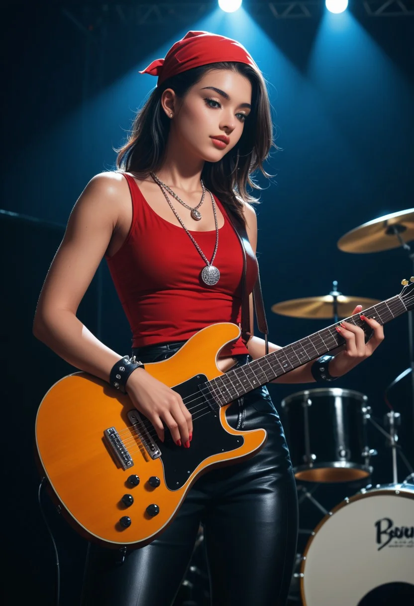 score_9, score_8_up, score_7_up, score_6_up, score_5_up, score_4_up, A young woman, likely in her late teens or early twenties, with dark hair and a medium complexion, is positioned on a stage, playing an electric guitar. She is centered in the image but slightly to the left of the frame.  She's facing the viewer, her expression focused and intense as she plays.  She is wearing a sleeveless, vibrant red top, black pants or skirt, and a studded belt.  A bandana or wristband is visible around her wrist.  She is wearing jewelry including a layered necklace with a pendant.  Her body is slender and athletic. The setting is a rock concert, with other musicians playing instruments (drums and a guitarist) in the background.  The stage is lit by bright stage lights, creating a dynamic atmosphere.  The image has a 1970s-1980s rock concert vibe, with muted tones of light red, black, white, and gray dominating the colors. The perspective is from slightly in front of and slightly above the woman, with a focus on her playing the guitar. The overall style is a snapshot of a concert performance with a clear emphasis on the musical artist.