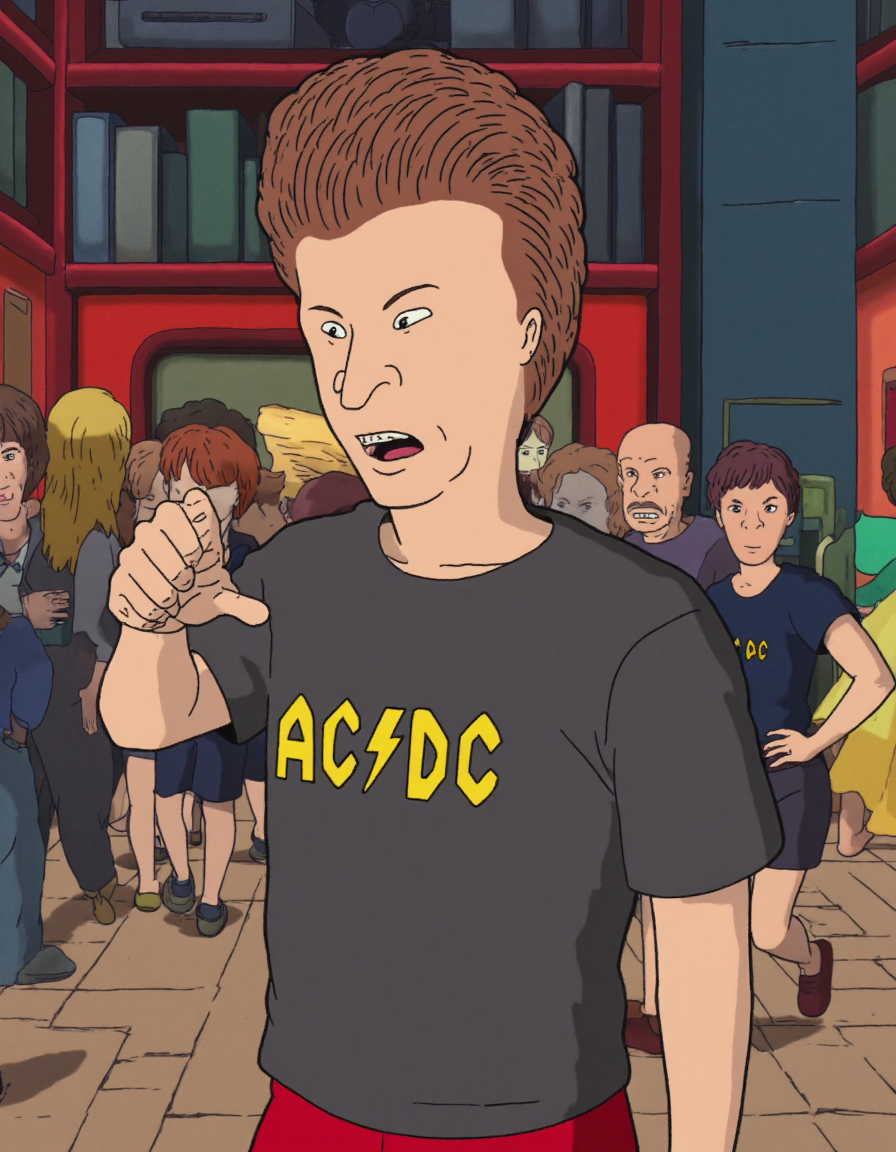 2d artstyle, mike judge artstyle, Butthead character wearing AC/DC shirt, red shorts, (depicted as anime style villian)  <lora:Butt-head_Flux:1> <lora:Studio_Ghibli_Flux:1> ghiblistyle