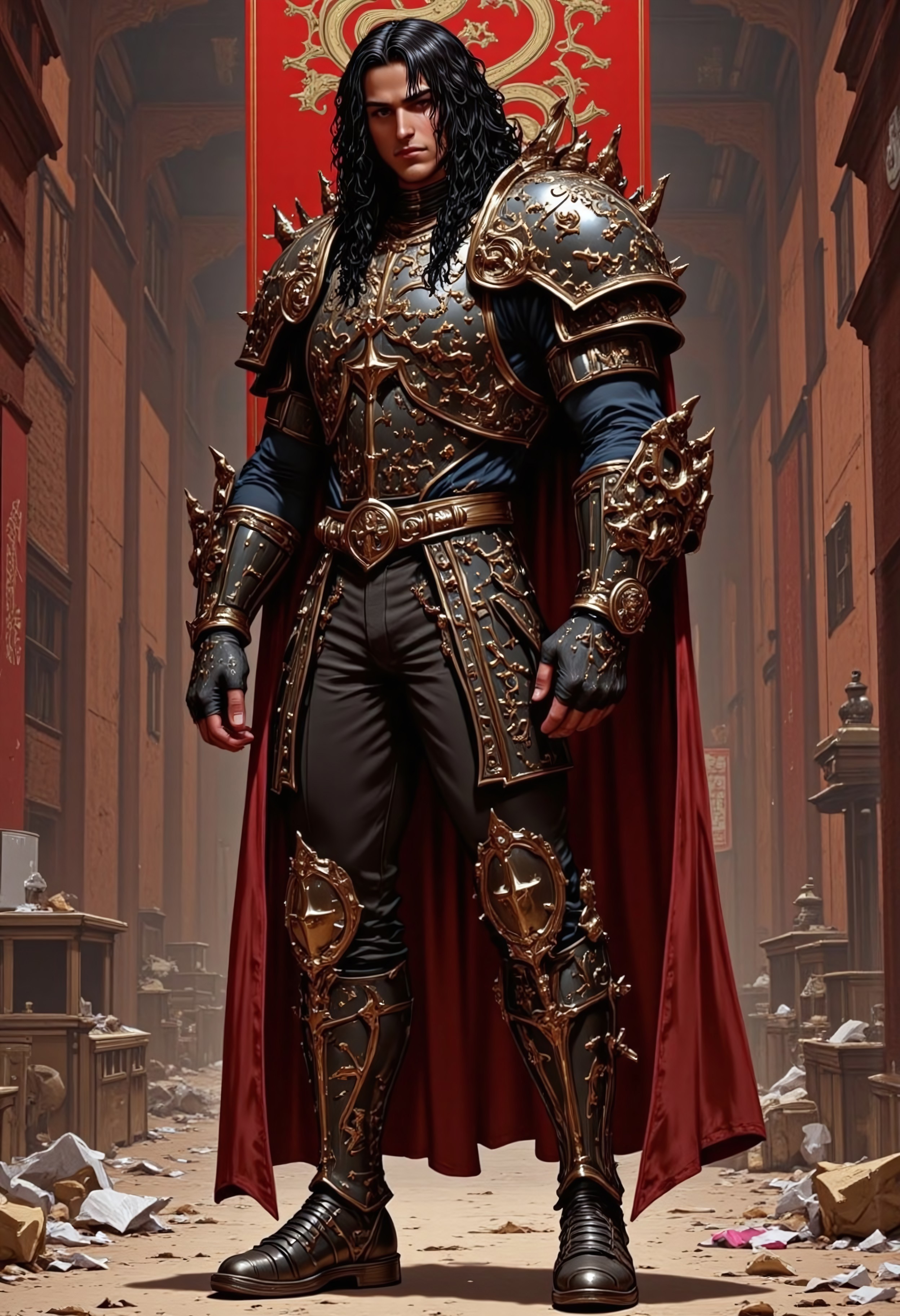 trashpunk, photograph of a muscular man in medieval fantasy armor, (((dragon tapestries in the background))), realistic style, close-up shot of a person wearing intricately designed armor, dark maroon and black colors, dragon motifs, scales and textures, detailed craftsmanship, shiny metallic finish, shoulder pauldrons with dragon heads, gauntlets with scale patterns, (torso plate with a ((large ornate dragon coiled around the chest))), armored sleeves and legs, the background is a medieval courtyard with trash on the ground, high contrast, reflective surfaces, no visible weapons or accessories, realistic texture and detail, fantasy theme, armor looks heavy and robust, no visible seams or joints, sleek and polished look, person appears to be male, medium build, dark hair partially visible, professional photography, high resolution,