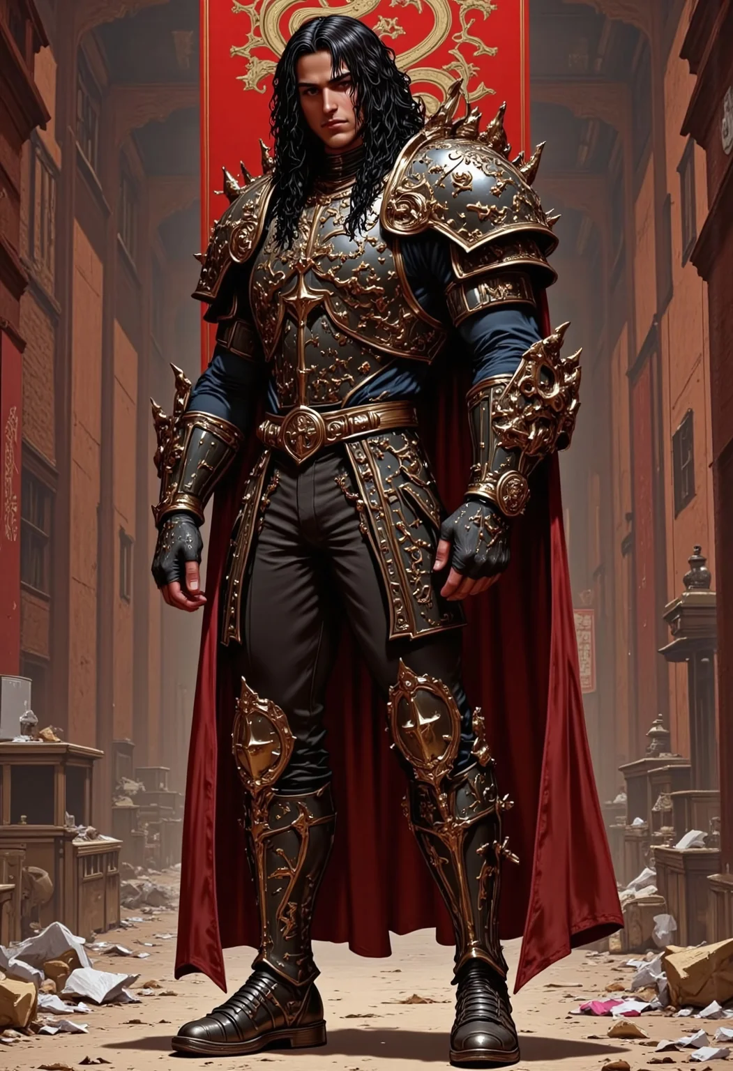 trashpunk, photograph of a muscular man in medieval fantasy armor, (((dragon tapestries in the background))), realistic style, close-up shot of a person wearing intricately designed armor, dark maroon and black colors, dragon motifs, scales and textures, detailed craftsmanship, shiny metallic finish, shoulder pauldrons with dragon heads, gauntlets with scale patterns, (torso plate with a ((large ornate dragon coiled around the chest))), armored sleeves and legs, the background is a medieval courtyard with trash on the ground, high contrast, reflective surfaces, no visible weapons or accessories, realistic texture and detail, fantasy theme, armor looks heavy and robust, no visible seams or joints, sleek and polished look, person appears to be male, medium build, dark hair partially visible, professional photography, high resolution,