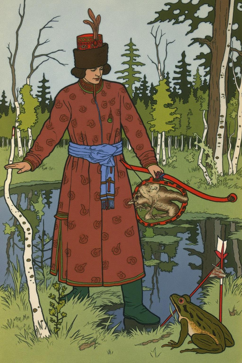 ivanbilibin1 illustration.
A richely dress Russian prince stands in a lush, green forest, dressed in a long, red robe with intricate patterns, a wide belt, a tall fur hat with a decorative plume, and fur-lined boots.  He is carrying a bow and is looking down at a frog on the ground.  
There is a frog on the bottom right corner, carrying an arrow.
 <lora:ivanbilibin1_cap_d6a3:1.0><lora:835867856618104639:0>