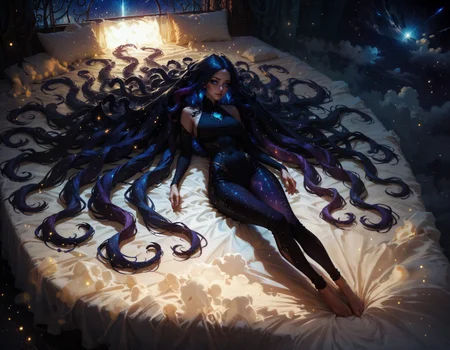 score_9, score_8_up, score_7_up, score_6_up, score_5_up, score_4_up,  view from above, full body, concept art, epic, cinematic lighting, backlit, glowing, 1girl, in bed, lying on a cloud, very long hair, (cosmic hair:1.3), blue eyes, cute smile, large round breasts, cosmic pants, long thick eyelashes, dark eyeshadow, cosmic pants, cosmic background, jewelry, sparkles, (glowing particles:1.3), black velvet fabric, black satin
