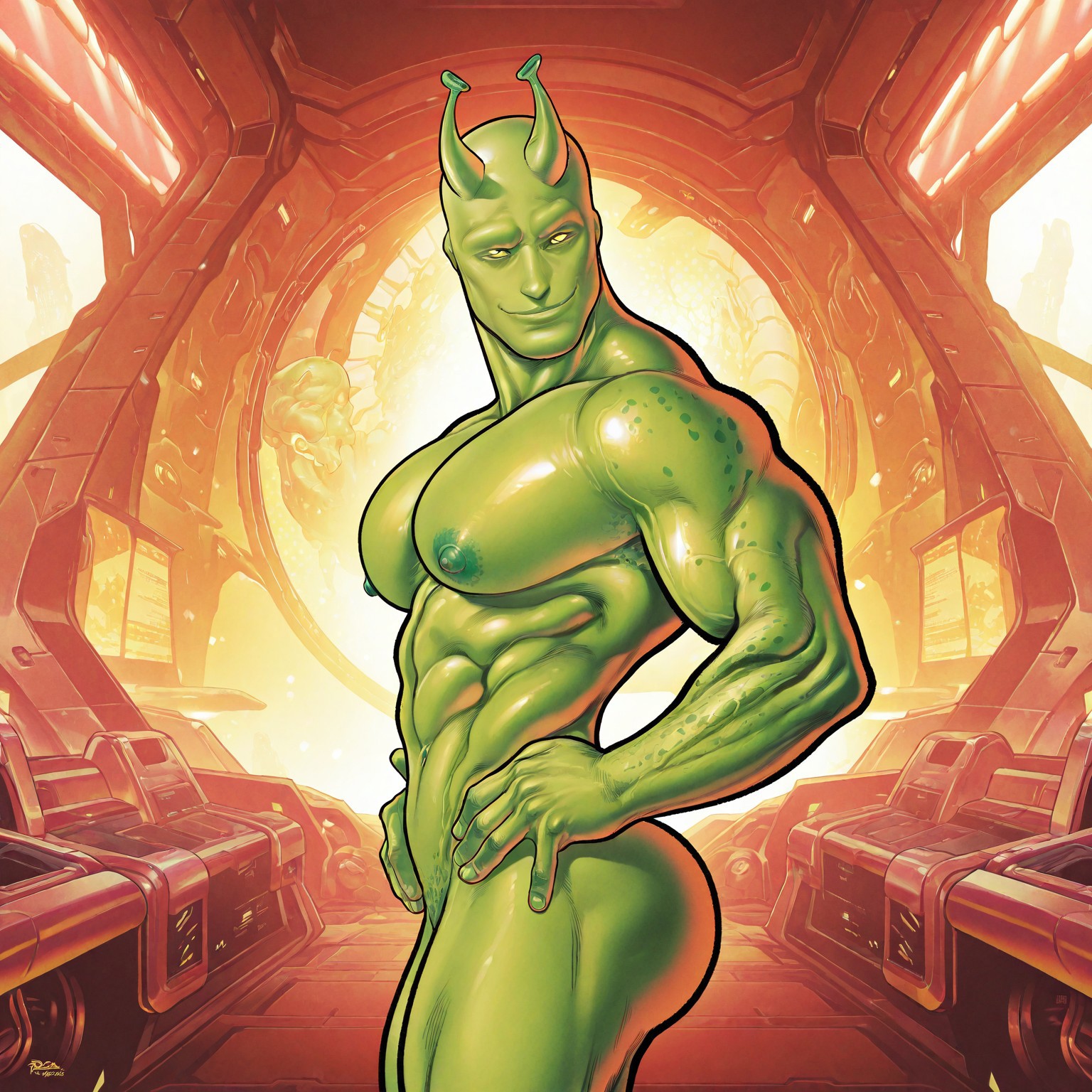 masterpiece, best quality, absurdres, newest, perfect quality, best quality, absolutely eye-catching, detailed background, intricate details, bara, 1boy, male, male focus, alien, green skin, no hair, bald, hairless, antennae, black sclerae, yellow eyes, bara, muscular, large pectorals, large biceps, looking at viewer, upper body, cowboy shot, hands on hips, smile, spaceship scenery, side view, very awa, best quality, absurdres, newest, perfect quality, detailed background, intricate details, (artist:rokudenashi:0.8), (artist:dizdoodz:0.7), (artist:gomtang:0.6)