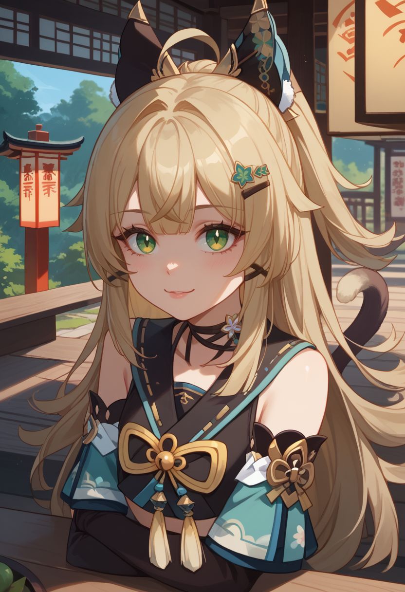 score_9, score_8_up, score_7_up, source_anime, 1girl, kiraradef, blonde hair, green eyes, long hair, ahoge, animal ears, hair ornament, hairclip, two tails, multiple tails, cat tail, detached sleeves, bare shoulders, crop top, tassel, black choker, standing, happy, :3, looking at viewer, indoors, shrine, portrait, close-up, facing viewer, upper body, <lora:Kirara_v1-000010:0.9>