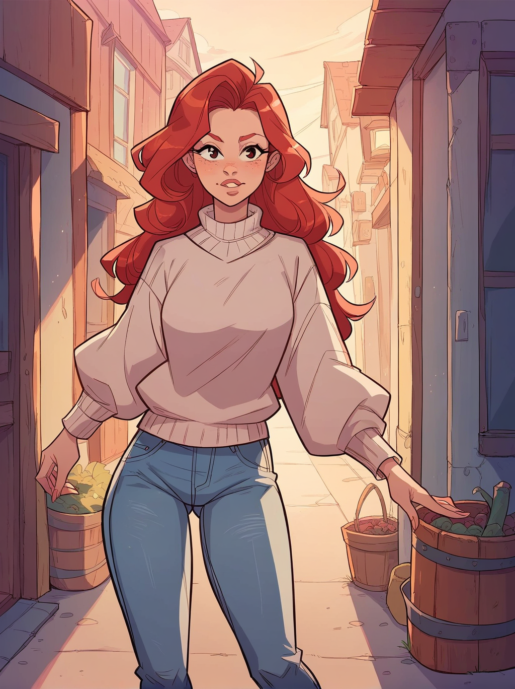 score_9, score_8_up, score_7_up, score_6_up, <lora:tendertroupe_v0.1-pony:1> 
1girl, denim, pants, jeans, sweater, red hair, cowboy shot, long hair,