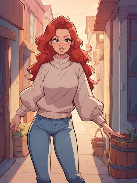 score_9, score_8_up, score_7_up, score_6_up, <lora:tendertroupe_v0.1-pony:1> 
1girl, denim, pants, jeans, sweater, red hair, cowboy shot, long hair,