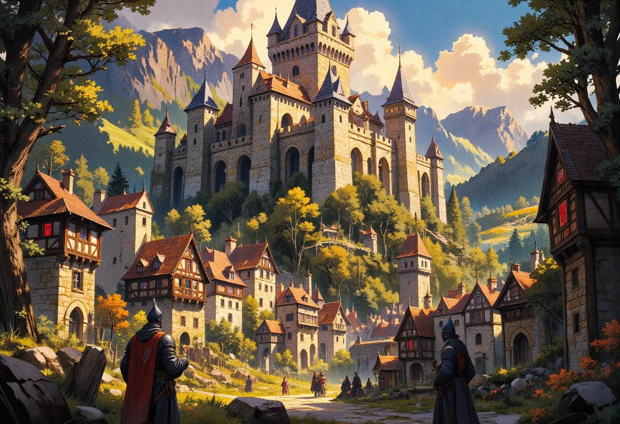 masterpiece, amazing quality, best quality, ultra-detailed, 8K, illustration, newest, absurdres, volumetric light, good quality, best quality, scenery, (dappled sunlight:1.2), rim light, backlit, dramatic shadow, ultra 8k cg, picture-perfect face, flawless, clean, professional artwork, cinematic lighting, cinematic bloom, hut background, early medieval background, humans on background, mw01out, painted world, Painterly, painting, no humans,
Fantasy medieval scene inspired by the Burgundy region, showcasing majestic castles and abbeys amid lush rolling vineyards and dense, ancient forests. Stone-built medieval towns feature winding cobblestone streets, bustling markets, and grand banners displaying Burgundian heraldry. Monks and knights move through landscapes reminiscent of historical Burgundy, illuminated by warm, golden sunlight. Painted in the expressive and dynamic style of Guild Wars 2 concept art, capturing dramatic lighting, vibrant colors, painterly textures, and a cinematic, epic composition. High-quality digital illustration, evocative and immersive.