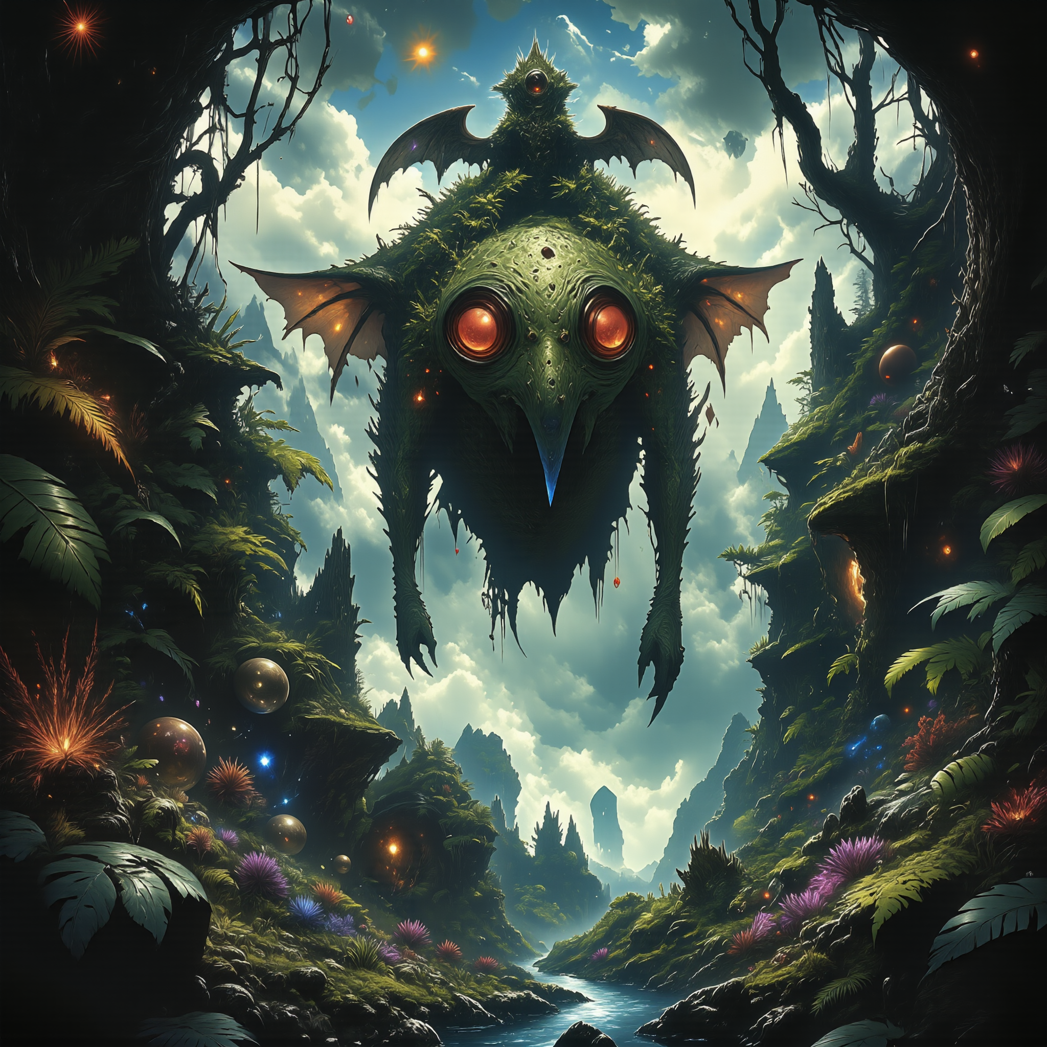 highly detailed, intricate, detailed background, famous artwork inspired by (beeple:1.4), dark scifi style, in the heart of the jungle on planet "mancwood prime", the "curious puddlegonkler" with its zighty wings and its glowing zibzorbled eyes prowls through the shadows, surrounded by the ancient overgrown ruins of the skruffleplinks and the swirling pools of klorftwizzle, golden ratio, in the style of ck-ovf, amanoer, arsmjstyle, dnddarkestfantasy, aidmamj6.1, 
<lora:style-oneviolentfantasy-ep21-flux-by_chronoknight:0.72> 
<lora:style-yoshitaka_amano-elden_ring-flux-by_alicient:0.56> 
<lora:style-dnd_dark_fantasy-flux-by_arsmachina:0.8> 
<lora:midjourney_61-v0.4-flux-by_aidma:0.72> 
<lora:faetastic_details-flux-by_faeia:0.64>
