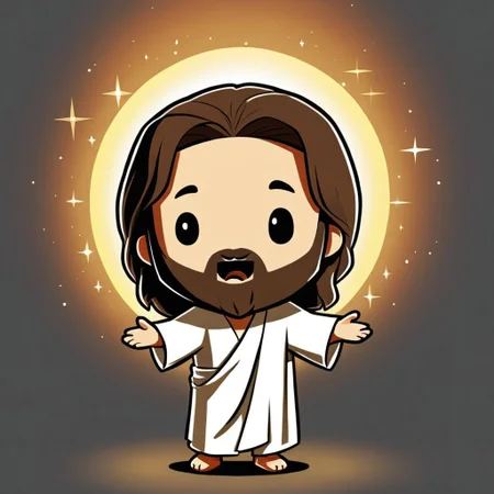 cartoon of Jesus Christ in (ctswx:1.2) style, cute, chibi, joyous expression, candid pose, glowing magical background, rim lighting, <lora:Cute_Tshirt_Style_XL_v5.1-000017:1>
