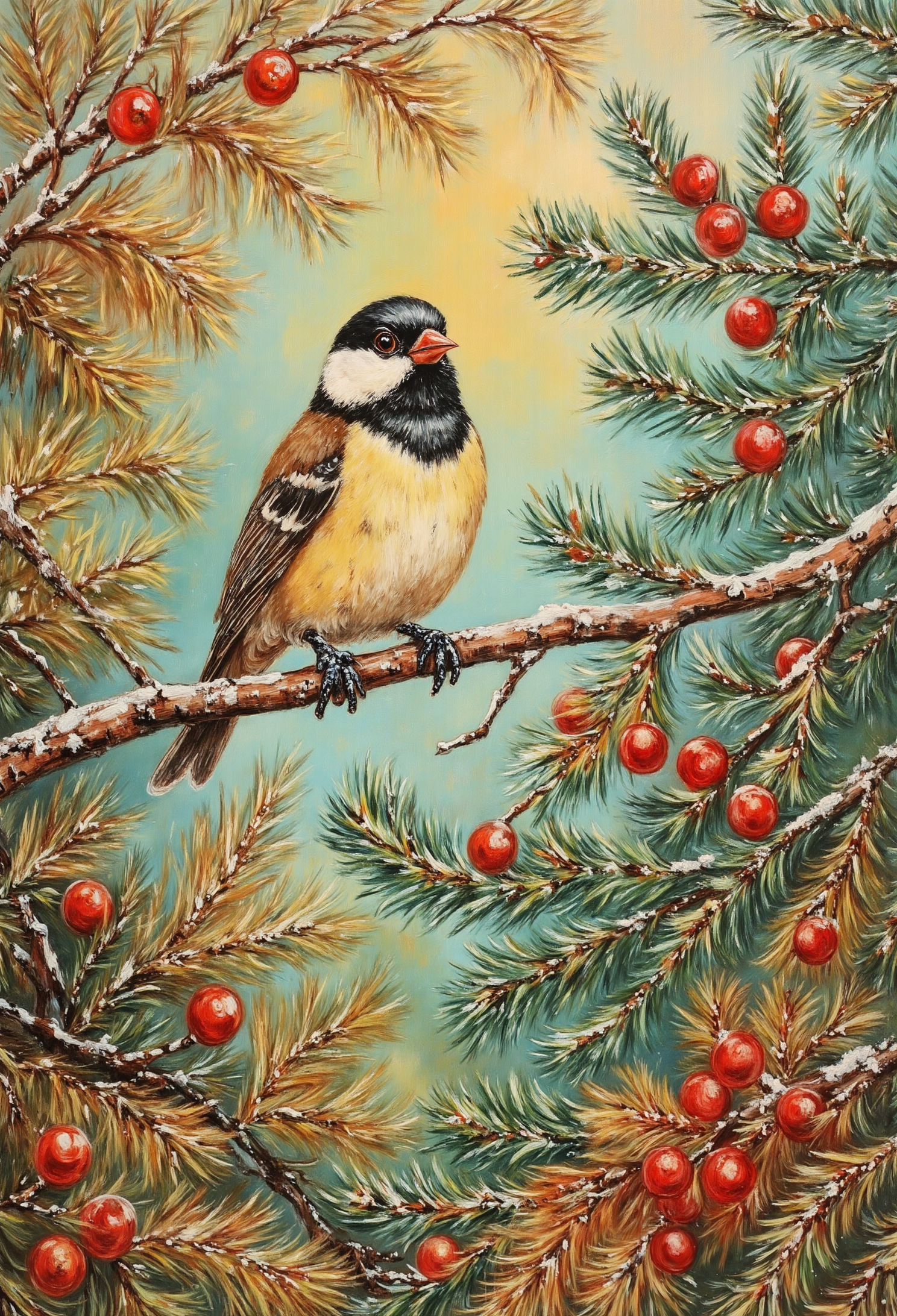 pstcs001, A beautiful painting of an elegant chickadee in an autumn forest . The painting is a realistic oil work with colorful bird illustrations, delicate brushstrokes, The scene is bathed in soft light with a dreamlike quality, creating a serene atmosphere. Warm morning sun. The soft focus and vintage style were achieved through the use of oil paints and a long exposure, which emphasized the delicate textures of nature. High resolution.
