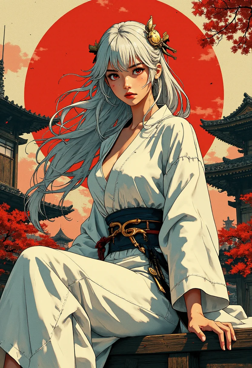 (Ink Style, A stunning illustration in high-quality anime style, stunningly beautiful and cool female samurai, wearing white kimono, her silky-like silver hair flowing the wind, crimson red eyes burn deeply, her gaze piercing like an arrow. sitting with confidently and cool expression, antique japanese temple on her background, extemely detailed, masterpiece, hig quality ), <lora:CPA:0.6>, <lora:Luminous_Shadowscape:0.8>, <lora:9mix:0.6>, <lora:RetroAnimeFluxV1:0.6>
