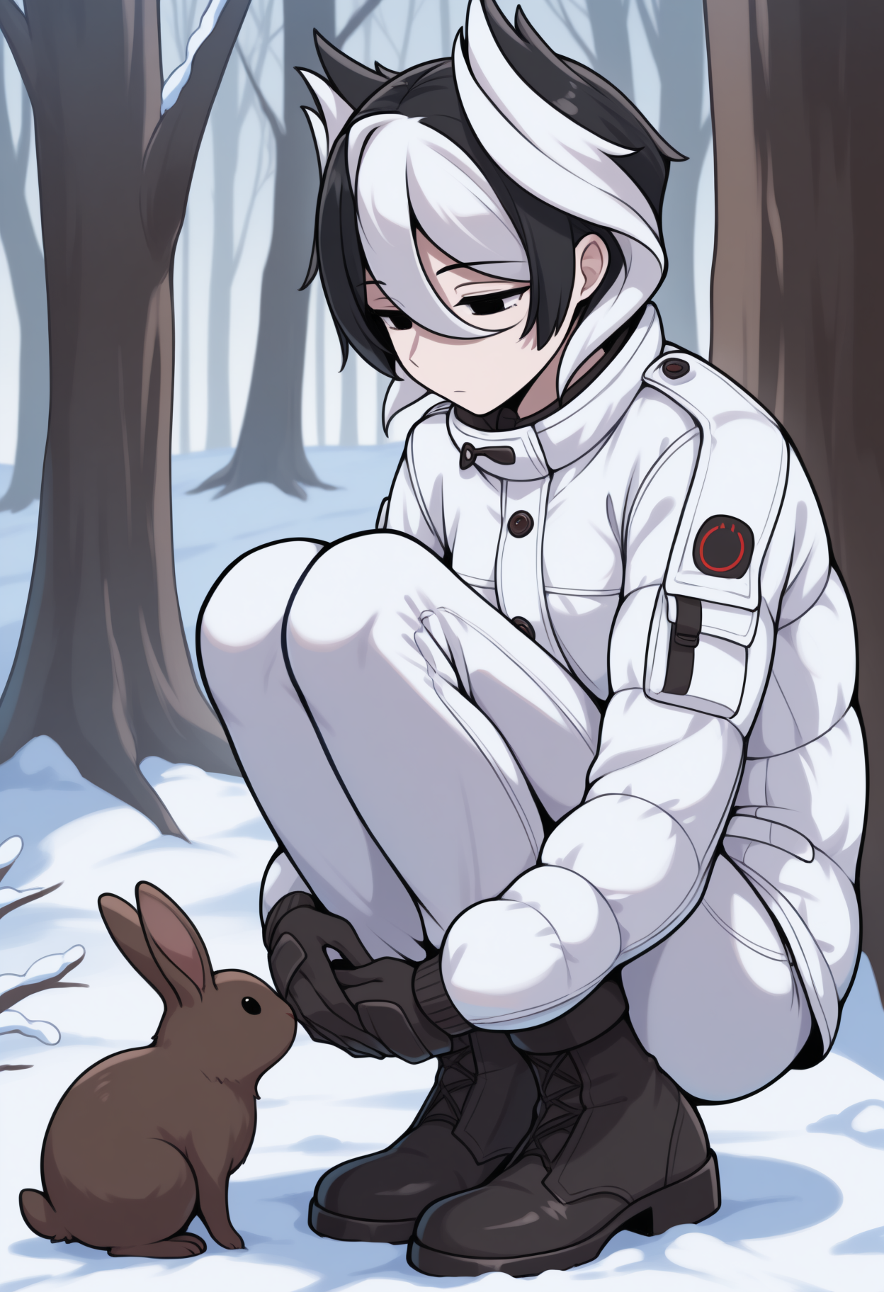 masterpiece, best quality, <break> solo, 1girl, oz3n, expressionless, looking down, looking at animal, squatting, hugging own legs, short hair, two-tone hair, black hair, white hair, hair between eyes, black eyes, white jacket, down jacket, long sleeves, black gloves, white pants, black footwear, boots, outdoors, nature, snow, animal, rabbit
<segment:yolo-Anzhc Face seg 640 v2 y8n.pt,0.4,0.5//cid=1>