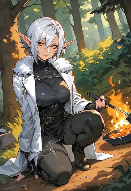 score_9, score_8_up, score_7_up, high detailed, high quality, source_anime, concept art, Expressiveh, easynegative, watercolor \(medium\), traditional media, kdmstyle,
...
1girl, solo, mature, curvy body, medium breast, blood_elf, 
pointed ears, multiple piercings, pale skin, gold eyes,
white hair, short hair, hair between eyes, Arlecchino hair style,
beauty face, smile,
...
black bodysuit, (white coat), white fur trim, leather gauntlets, (fingerless gloves), 
on one knee, holding pan, food in pan, pan cooking on fire,
...
from knee, dutch angle,
forest, campsite,