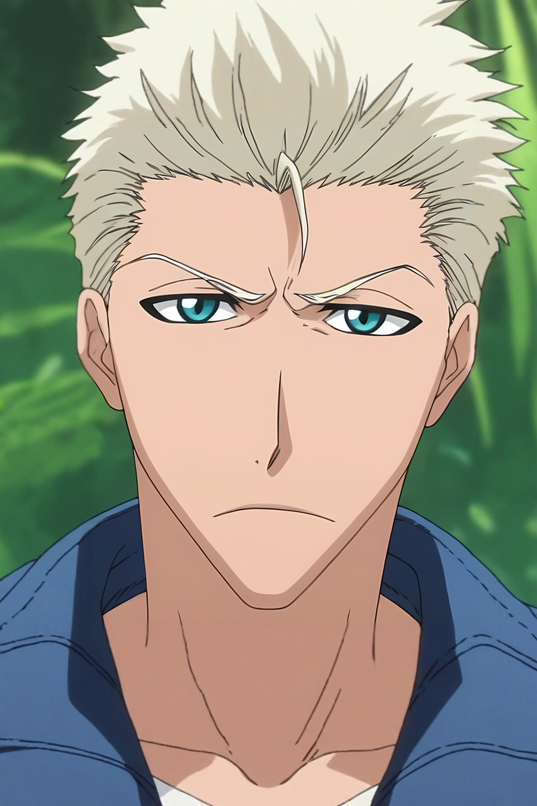 score_9, score_8_up, score_7_up, source_anime, rating_safe, intricate details, anime screencap, , official style, , , 1boy, male focus, teal eyes, platinum blonde hair, denim jacket,, solo, close-up, jungle, dusk, twisted torso, wavy mouth, <lora:bleach_style_pony:0.88>, bleach_style, <lora:sdxl_lightning_8step_lora:1>
