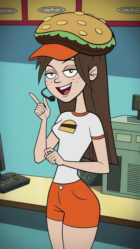 score_9_up, score_8_up, score_7_up, score_6_up, score_5_up, score_4_up, show accurate style, source_cartoon , flat colors, Hortence, 1girl, solo, brown hair, long hair, white shirt, print shirt, freckles, black eyes, orange shorts, earpiece, upper body only, hat, depth of field, looking at viewer, cash register, small smile, small open mouth, dutch angle, depth of field,  hand raised, 
AddXL,Perfect Hands