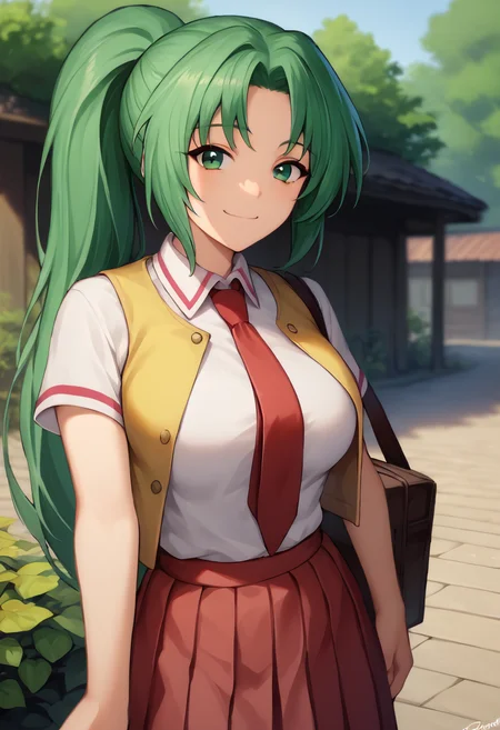 score_9, score_7_up, 1girl, <lora:Personal ami-000047:1> <lora:MionCAME2:1> Mion Sonozaki, green eyes, ponytail, green hair, white shirt, red necktie, yellow vest, red skirt, outdoors, looking at viewer, smile, closed mouth,